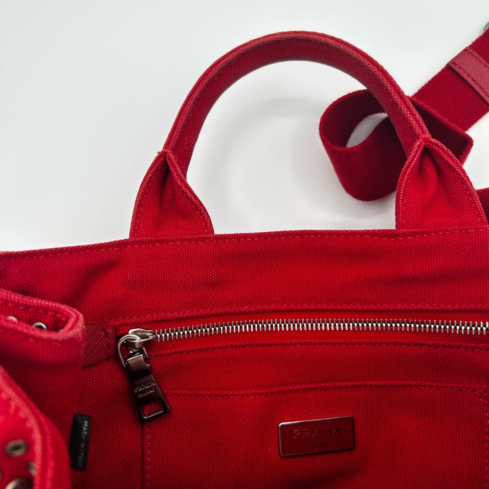 Prada Canapa Red Studded Tote Bag - Picture 9 of 11